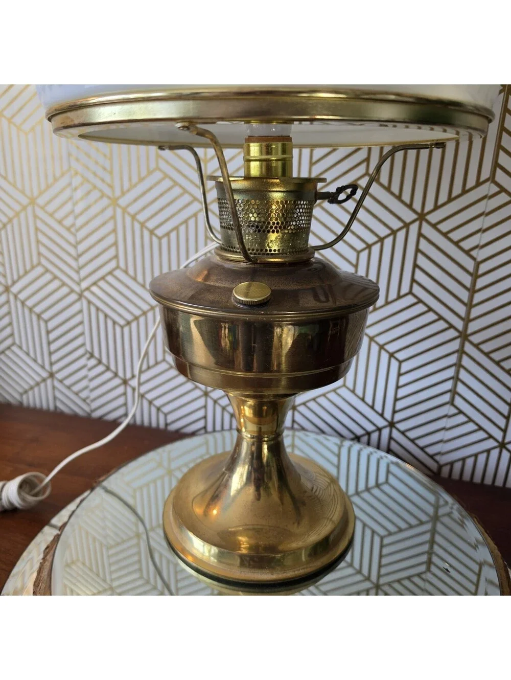 Vintage Kerosene Oil Style Brass Lamp Mill Glass Shade Purple Floral Hong Kong